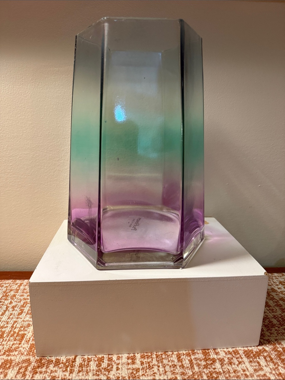 Glass Mermaid Vase Purple Teal Aqua Blue Transparent Hexagon Glass Table Vase 8"